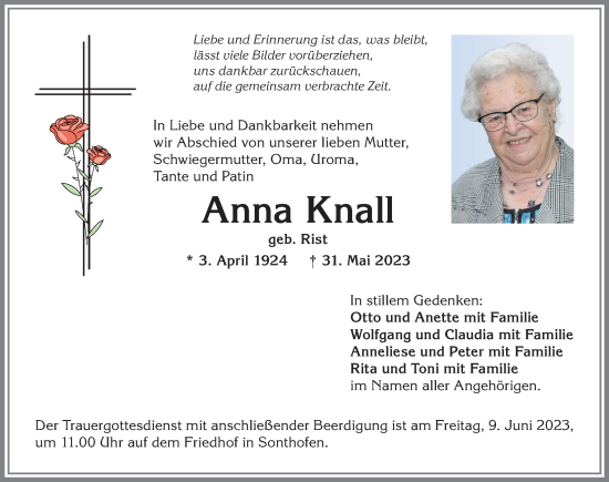 Traueranzeige von Anna Knall von Allgäuer Anzeigeblatt