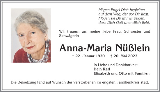 Traueranzeige von Anna-Maria Nüßlein von Allgäuer Zeitung, Marktoberdorf
