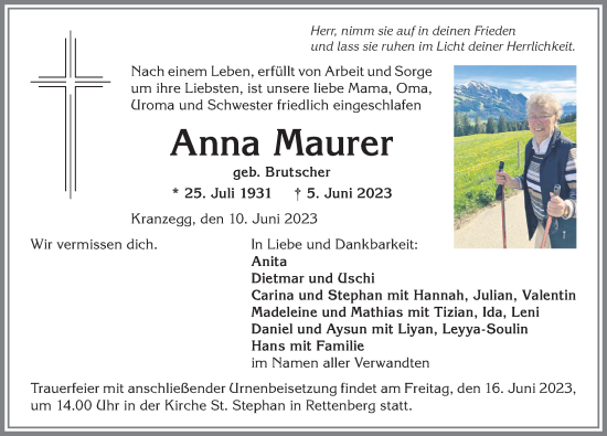 Traueranzeige von Anna Maurer von Allgäuer Anzeigeblatt