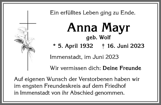 Traueranzeige von Anna Mayr von Allgäuer Anzeigeblatt