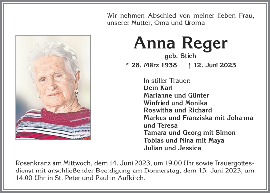 Traueranzeige von Anna Reger von Allgäuer Zeitung, Kaufbeuren/Buchloe