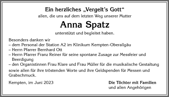 Traueranzeige von Anna Spatz von Allgäuer Zeitung,Kempten