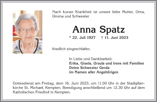 Traueranzeige von Anna Spatz von Allgäuer Zeitung,Kempten