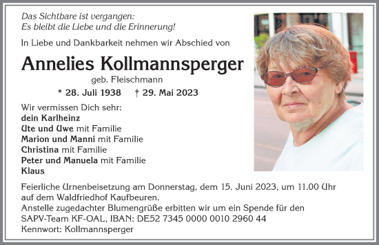 Traueranzeige von Annelies Kollmannsperger von Allgäuer Zeitung, Kaufbeuren/Buchloe