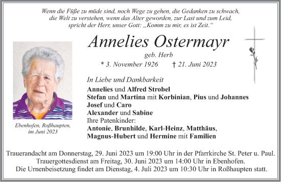 Traueranzeige von Annelies Ostermayr von Allgäuer Zeitung, Marktoberdorf