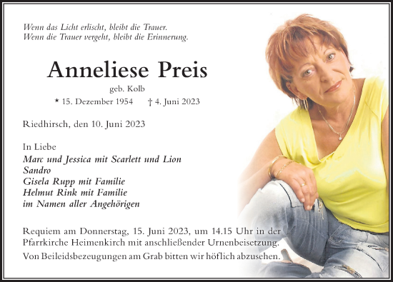 Traueranzeige von Anneliese Preis von Der Westallgäuer
