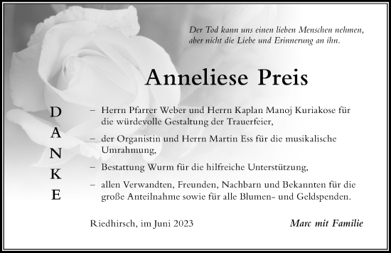 Traueranzeige von Anneliese Preis von Der Westallgäuer