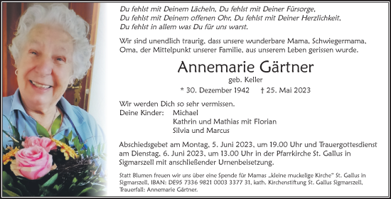 Traueranzeige von Annemarie Gärtner von Der Westallgäuer