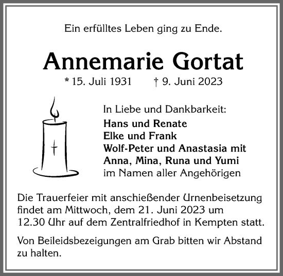Traueranzeige von Annemarie Gortat von Allgäuer Zeitung,Kempten