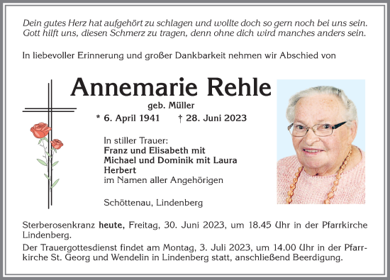 Traueranzeige von Annemarie Rehle von Allgäuer Zeitung, Kaufbeuren/Buchloe
