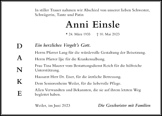 Traueranzeige von Anni Einsle von Der Westallgäuer
