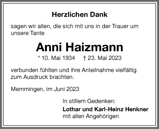 Traueranzeige von Anni Haizmann von Memminger Zeitung
