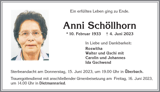 Traueranzeige von Anni Schöllhorn von Allgäuer Zeitung,Kempten