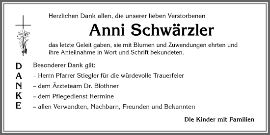 Traueranzeige von Anni Schwärzler von Allgäuer Anzeigeblatt