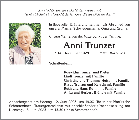 Traueranzeige von Anni Trunzer von Memminger Zeitung