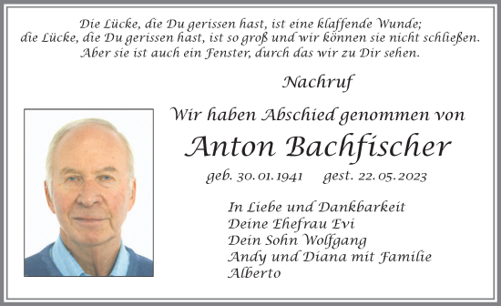 Traueranzeige von Anton Bachfischer von Memminger Zeitung