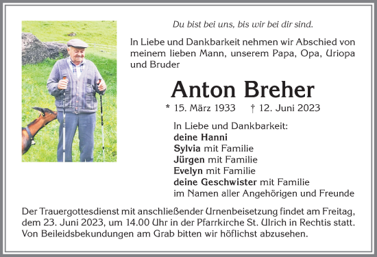 Traueranzeige von Anton Breher von Allgäuer Zeitung,Kempten