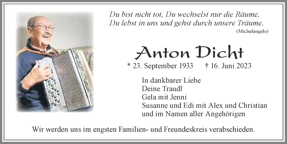  Traueranzeige für Anton Dicht vom 26.06.2023 aus Allgäuer Zeitung, Füssen