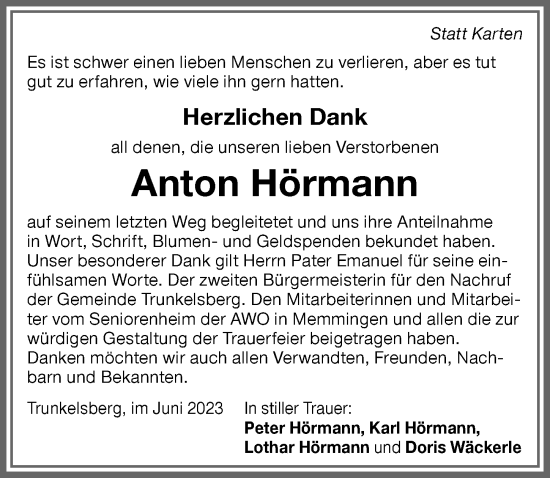 Traueranzeige von Anton Hörmann von Memminger Zeitung