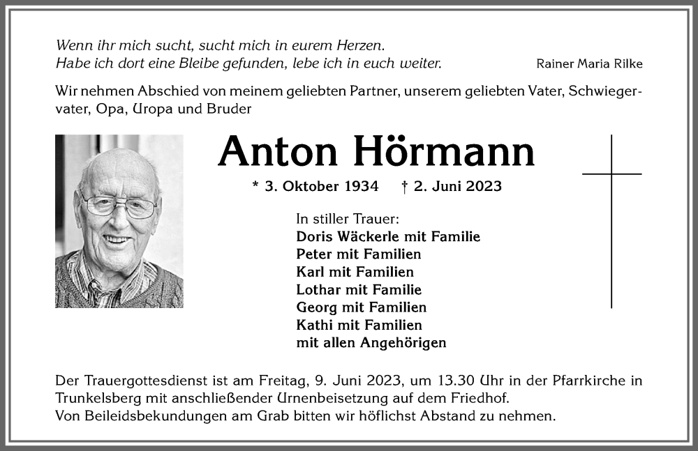  Traueranzeige für Anton Hörmann vom 06.06.2023 aus Memminger Zeitung