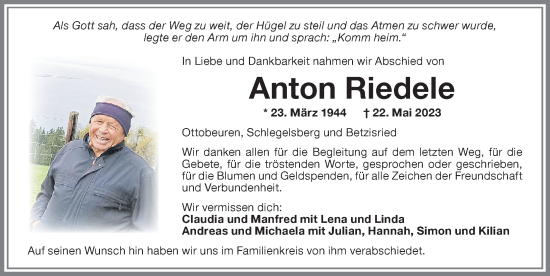 Traueranzeige von Anton Riedele von Memminger Zeitung