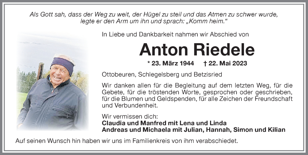  Traueranzeige für Anton Riedele vom 10.06.2023 aus Memminger Zeitung