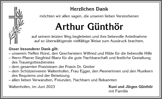 Traueranzeige von Arthur Günthör von Allgäuer Zeitung,Kempten