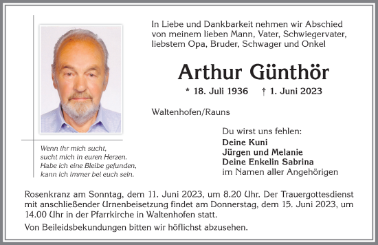 Traueranzeige von Arthur Günthör von Allgäuer Zeitung,Kempten