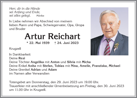 Traueranzeige von Artur Reichart von Allgäuer Zeitung,Kempten