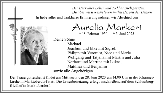 Traueranzeige von Aurelia Markert von Allgäuer Zeitung, Marktoberdorf