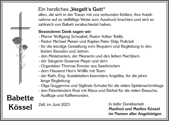 Traueranzeige von Babette Kössel von Allgäuer Zeitung, Füssen