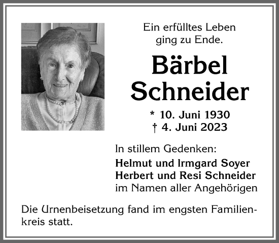 Traueranzeige von Bärbel Schneider von Allgäuer Zeitung,Kempten