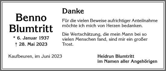 Traueranzeige von Benno Blumtritt von Allgäuer Zeitung, Kaufbeuren/Buchloe