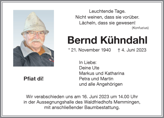 Traueranzeige von Bernd Kühndahl von Memminger Zeitung