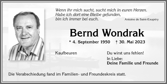 Traueranzeige von Bernd Wondrak von Allgäuer Zeitung, Kaufbeuren/Buchloe