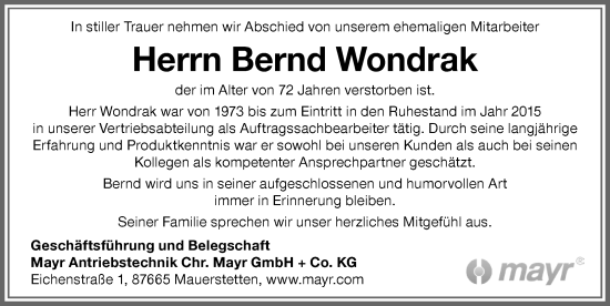 Traueranzeige von Bernd Wondrak von Allgäuer Zeitung, Kaufbeuren/Buchloe