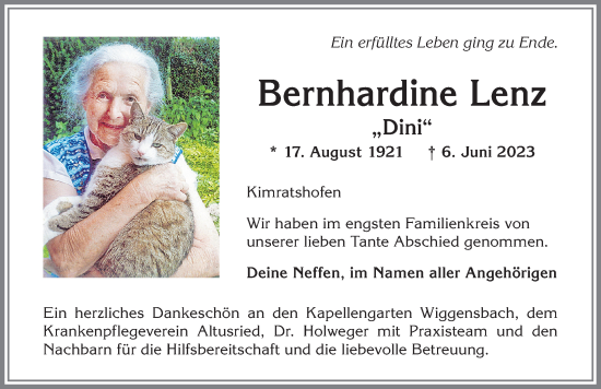 Traueranzeige von Bernhardine Lenz von Allgäuer Zeitung,Kempten