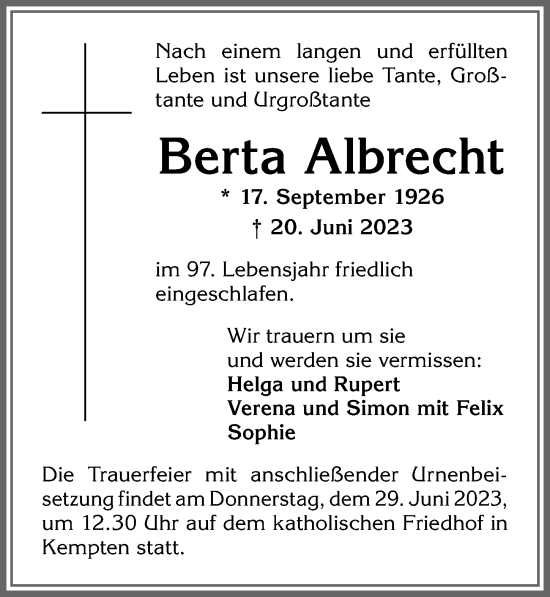 Traueranzeige von Berta Albrecht von Allgäuer Zeitung,Kempten