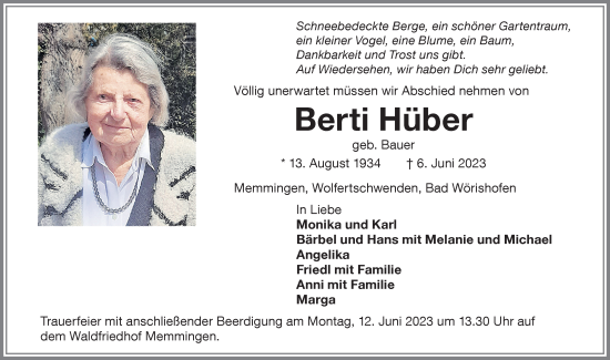 Traueranzeige von Berti Hüber von Memminger Zeitung