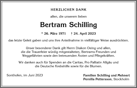 Traueranzeige von Bertram Schilling von Allgäuer Anzeigeblatt
