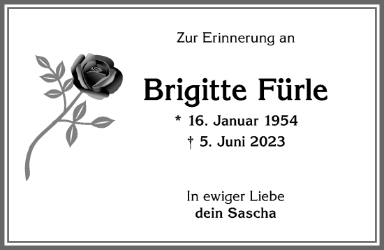 Traueranzeige von Brigitte Fürle von Allgäuer Zeitung, Füssen