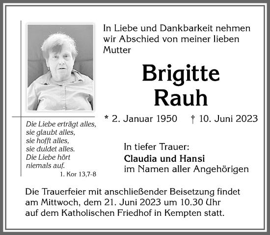 Traueranzeige von Brigitte Rauh von Allgäuer Zeitung,Kempten