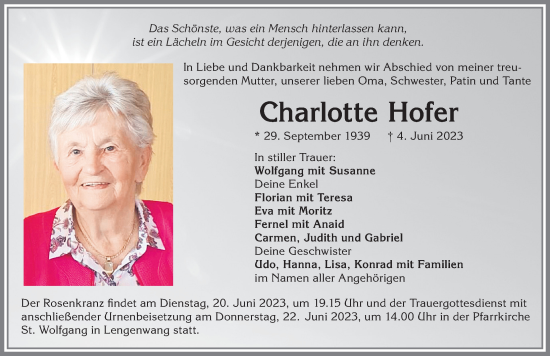 Traueranzeige von Charlotte Hofer von Allgäuer Zeitung, Füssen