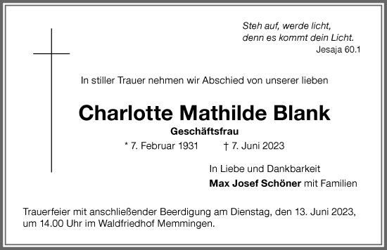 Traueranzeige von Charlotte Mathilde Blank von Memminger Zeitung