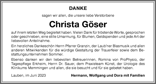 Traueranzeige von Christa Göser von Memminger Zeitung