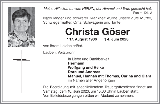Traueranzeige von Christa Göser von Memminger Zeitung