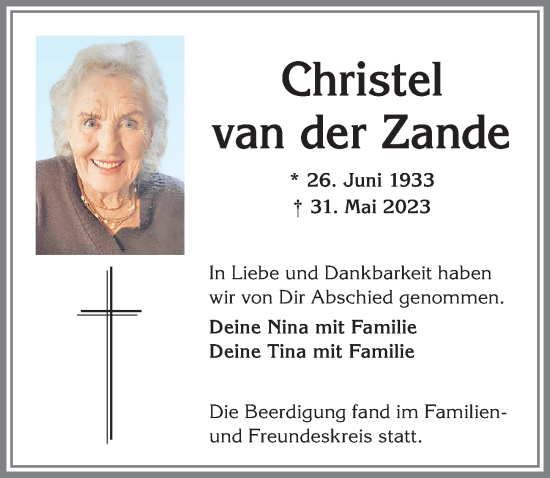 Traueranzeige von Christel van der Zande von Allgäuer Zeitung,Kempten