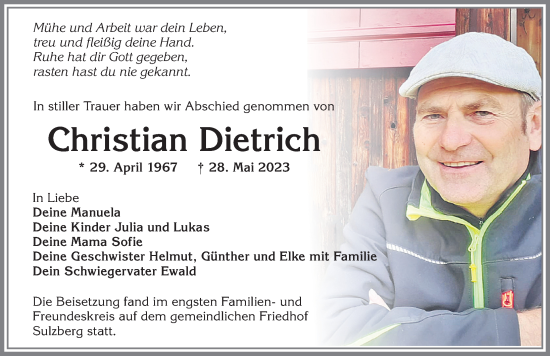 Traueranzeige von Christian Dietrich von Allgäuer Zeitung,Kempten