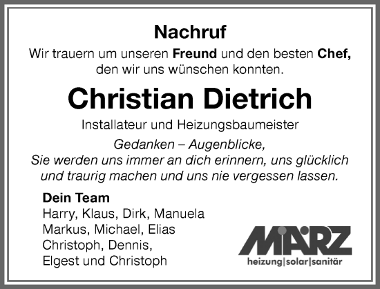 Traueranzeige von Christian Dietrich von Allgäuer Zeitung,Kempten
