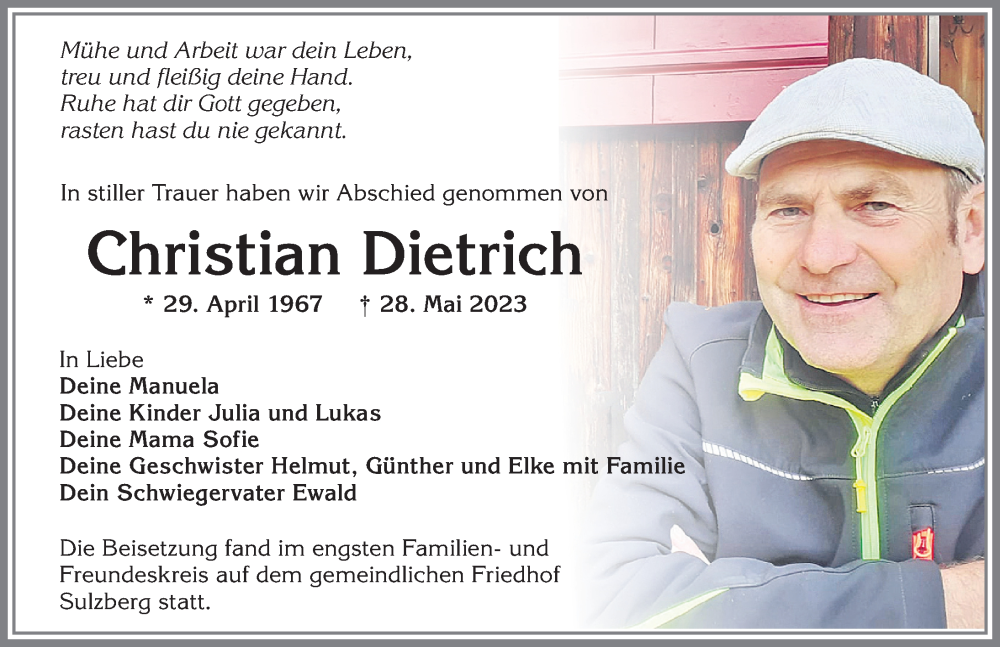  Traueranzeige für Christian Dietrich vom 10.06.2023 aus Allgäuer Zeitung,Kempten